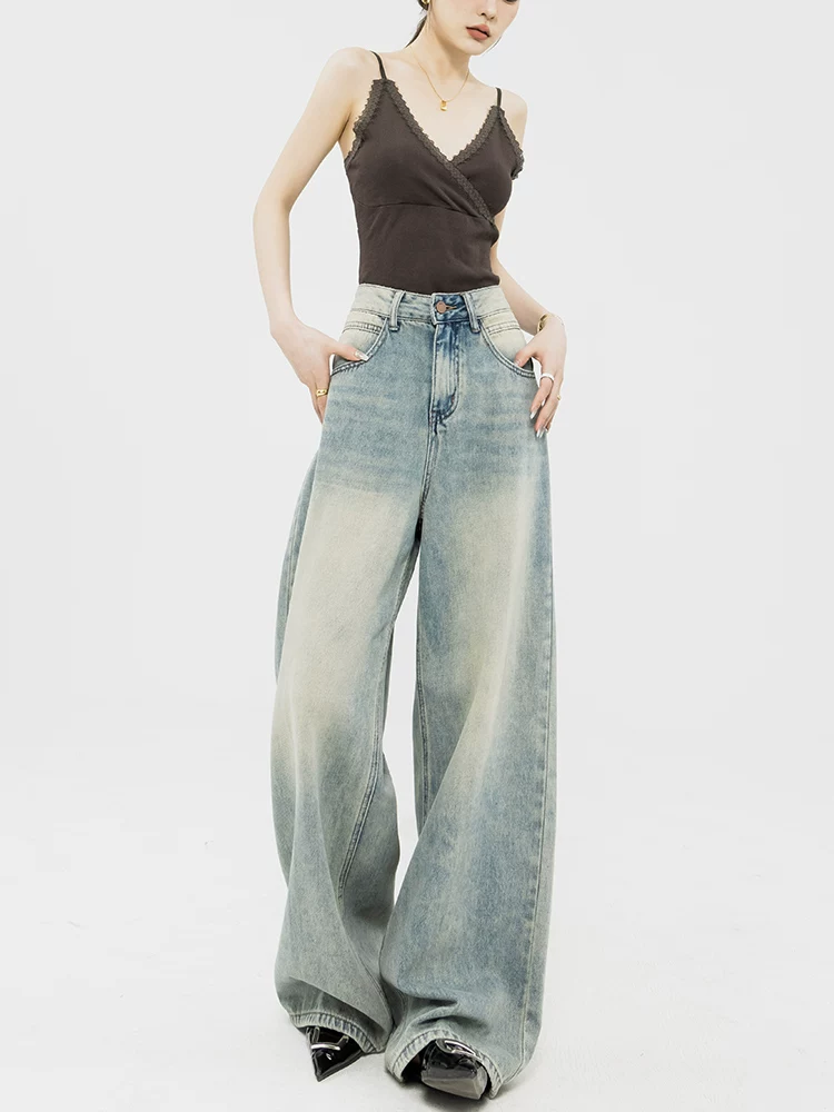 Quần jeans ống rộng kiểu retro mùa xuân thu mới 2025 của ABWEAR dành cho nữ, quần dài thẳng dáng rộng tôn dáng