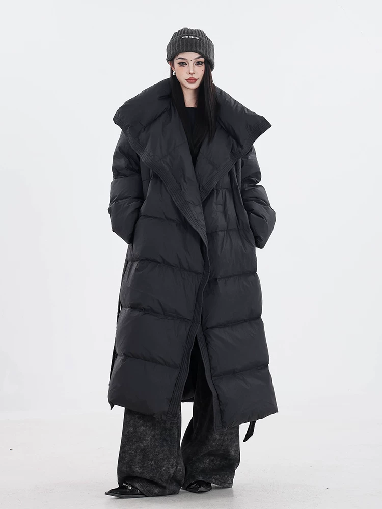 ABWEAR Snow Walk - Áo khoác lông vũ dài vừa phải màu đen mùa đông nguyên bản dành cho nữ với lông vịt trắng và cổ đứng, dài quá đầu gối