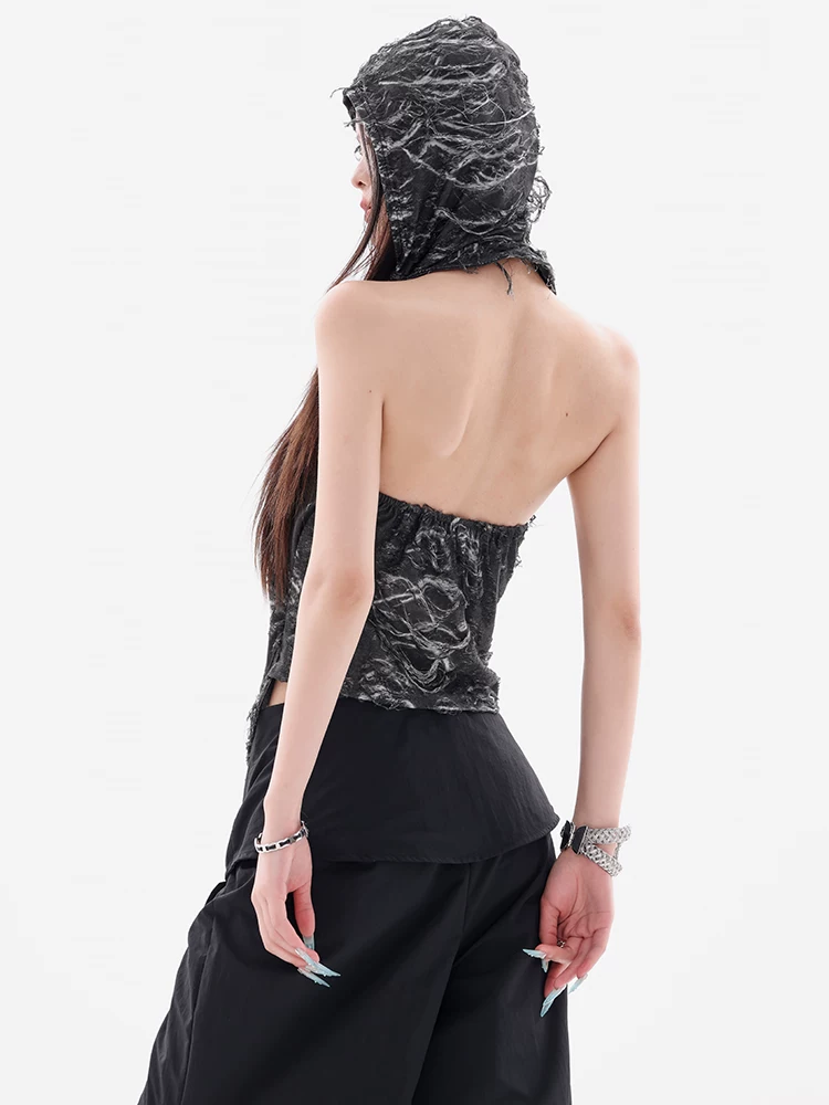 ABWEAR Shibuya Heat Wave - Áo thun có mũ trùm đầu kiểu dáng phong cách đất hoang nguyên bản, thiết kế cắt ren, kiểu dáng ôm sát dành cho nữ