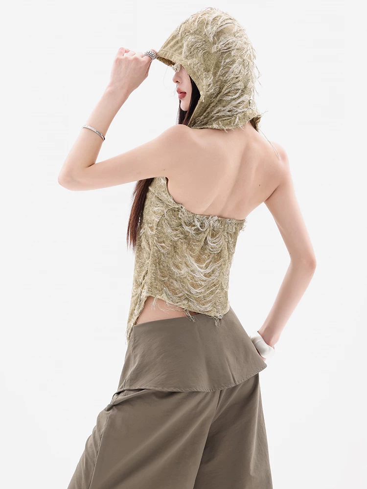 ABWEAR Shibuya Heat Wave - Áo vest có mũ trùm đầu thiết kế bất đối xứng theo phong cách đất hoang nguyên bản dành cho nữ với tua rua ôm eo