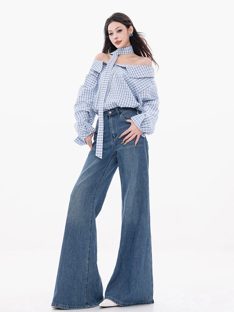 Quần jeans micro-flared cạp cao kiểu retro đã qua xử lý làm mềm của ABWEAR Law & Order - Mẫu mới năm 2025, quần ống rộng dáng chuông dành cho nữ