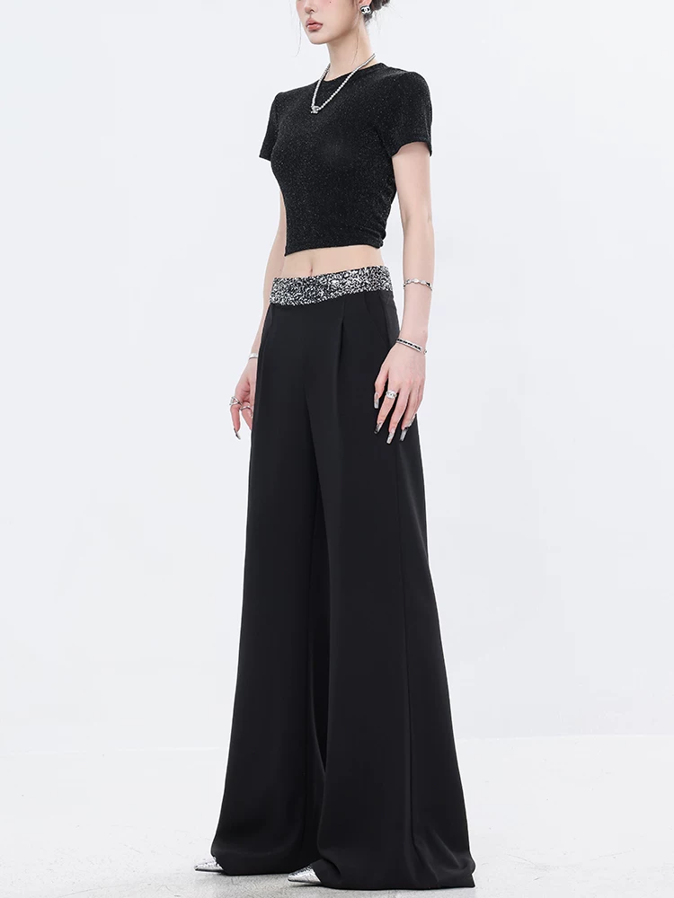 Quần dài xếp ly màu đen đính sequin ABWEAR dành cho nữ, quần ống rộng dáng rộng, lưng cao, dáng rộng, tôn dáng