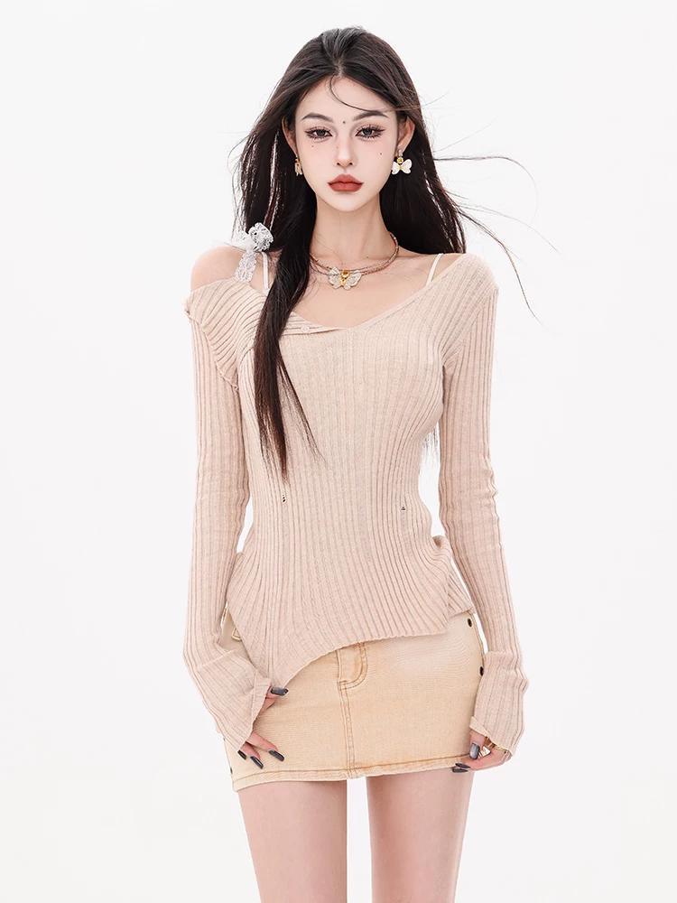 Áo thun nữ ABWEAR Maple Leaf Love Letter - Áo len dệt kim cổ trễ vai, buộc dây, kiểu dáng ôm sát, mới năm 2024