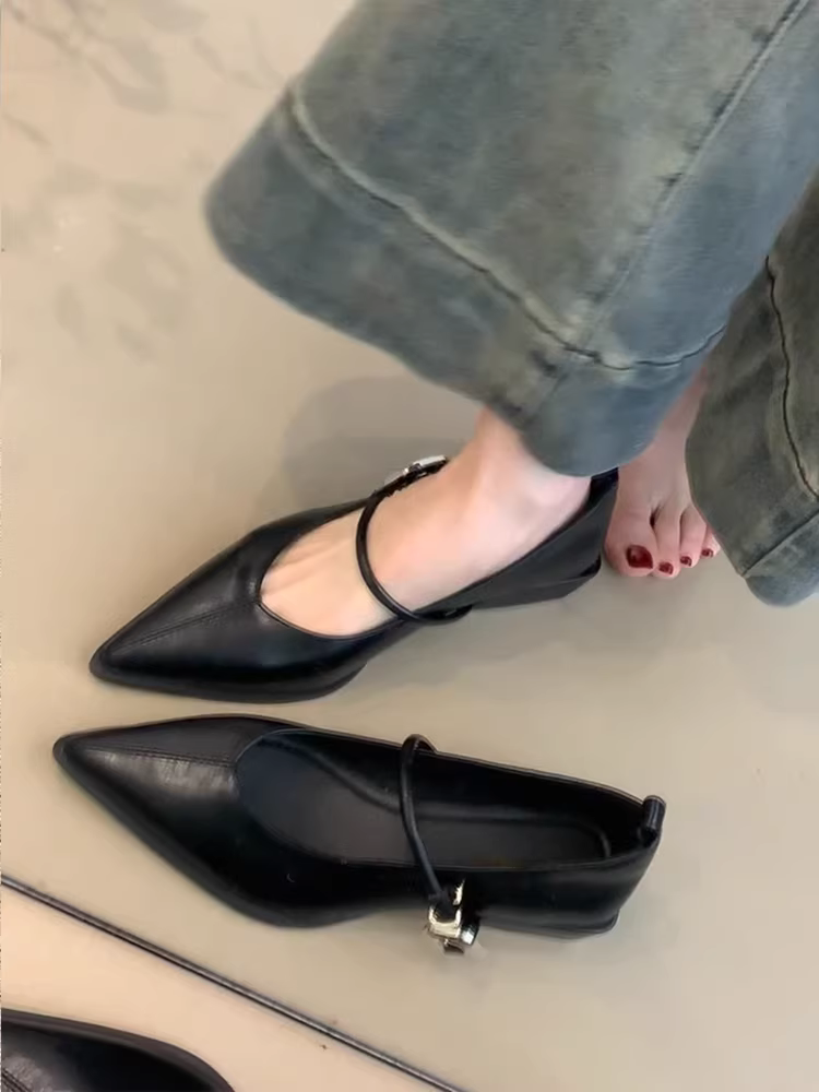Phiên bản da cừu ~ Giày Mary Jane mũi nhọn kiểu cổ điển dành cho nữ có khóa, giày đế thấp bằng da thật có gót dày.