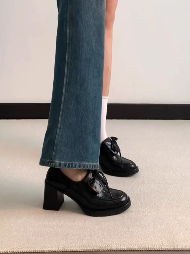 Phiên bản da cừu ~ Giày da buộc dây kiểu dáng nhỏ gọn, kiểu Anh, giày lười da thật cao gót thanh lịch dành cho nữ