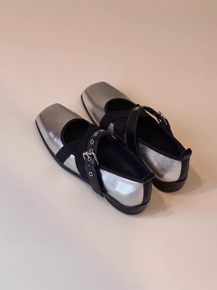 Phiên bản da cừu ~ Giày Mary Jane mũi vuông có dây đeo chéo theo phong cách múa ba lê kiểu Pháp dành cho nữ, giày thể thao đế bằng miệng nông có dây đeo đơn