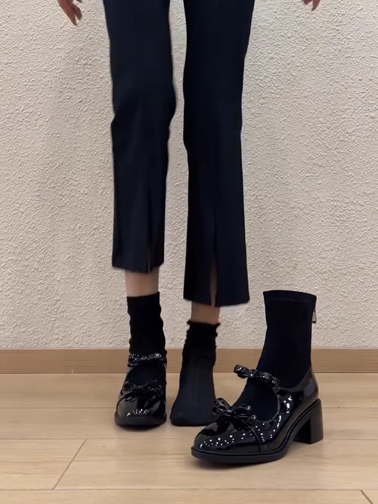 Phiên bản da bò ~ Giày bốt cao gót thắt nơ bằng da thật kiểu Chanel dành cho nữ, giày bốt ngắn đi làm kiểu cổ điển thời trang, kiểu dáng cổ điển, giúp thon gọn vóc dáng