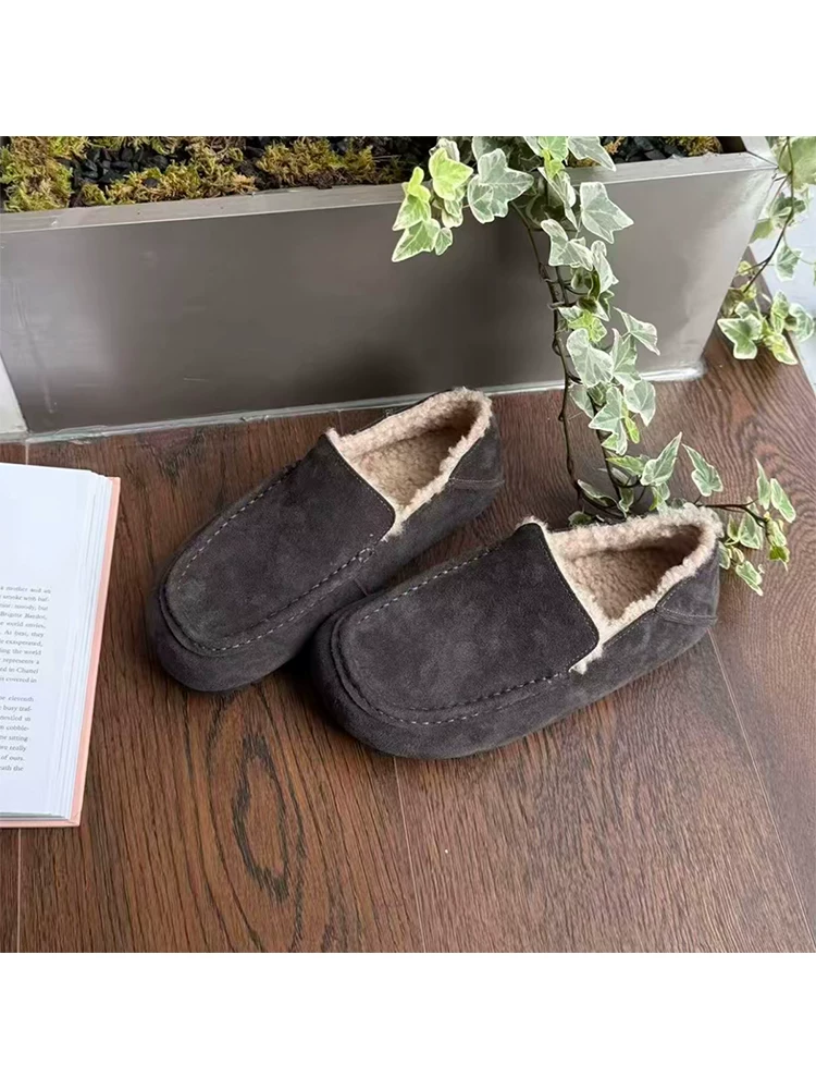 Phiên bản da cừu ~ Giày Birkenstock kiểu lười dành cho nữ, giày da lộn đế dày đơn giản, thích hợp cho mùa thu đông, giày cotton lót lông cừu ấm áp