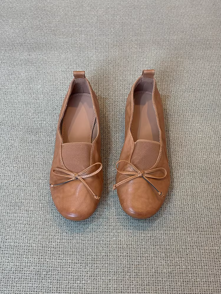 Phiên bản da cừu ~ giày bà ngoại da thật đế mềm cổ điển dành cho nữ, kiểu lười có nơ, phong cách cổ điển, giày da mũi tròn độc đáo