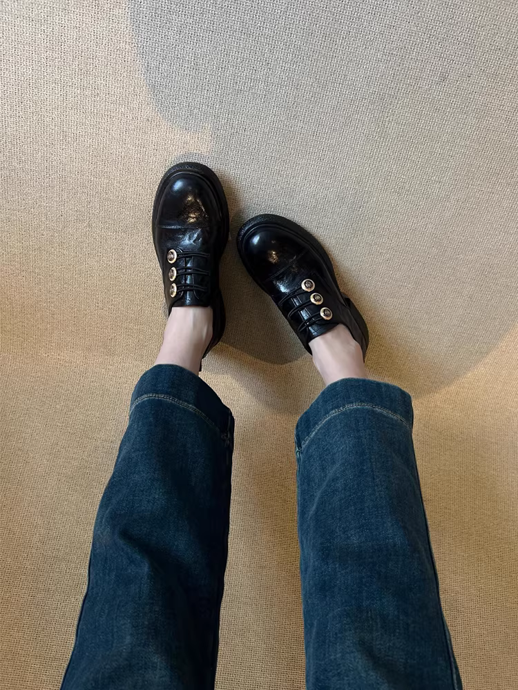 Phiên bản da cừu ~ Giày da đế dày đa năng phong cách Hepburn của Pháp dành cho nữ, giày lười da thật có gót tròn kiểu cổ điển có nút gót dày