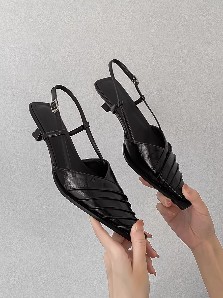 Phiên bản da cừu ~ Giày mũi nhọn có gót nhọn bằng da thật được làm thủ công bằng da thật dành cho nữ, mặc ngoài trời vào mùa hè, dép nửa gót hở lưng có gót thấp