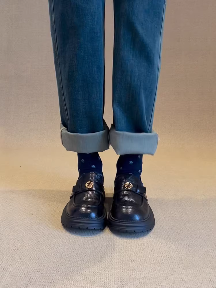 Phiên bản da bò ~ Giày lười đế dày hoa trà cổ điển dành cho nữ, giày da thật mũi tròn kiểu Anh, giày da đế dày kiểu Anh