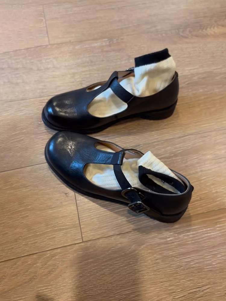 Phiên bản da cừu ~ Giày Mary Jane mũi tròn cổ điển kiểu retro, giày da thật đế thấp đa năng có quai chữ T, giày da đế thô nhỏ dành cho nữ