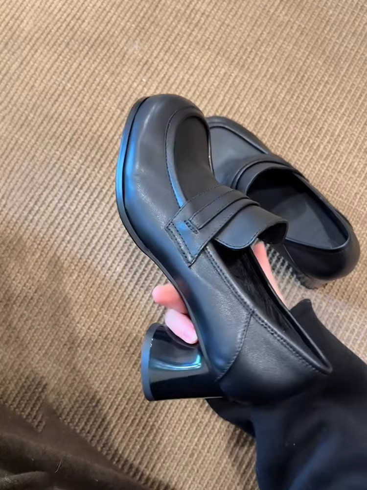 Phiên bản da cừu ~ Giày lười mũi vuông màu đen phong cách Anh Pháp dành cho nữ, giày da đơn giản, gót dày, kiểu dáng thanh lịch