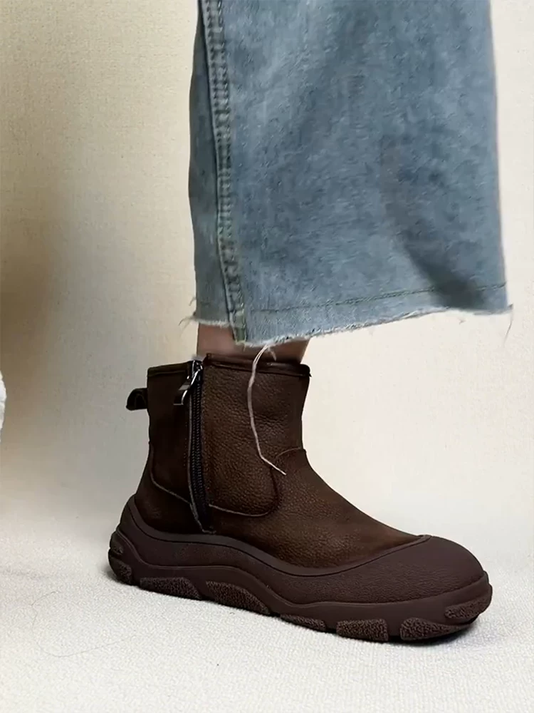 Phiên bản da bò ~ Giày nữ kiểu Birkenstock cổ điển dễ thương và độc đáo với lớp lót lông mềm, khóa kéo bên dày, ủng cotton da thật, ủng đi tuyết đế bằng thoải mái.