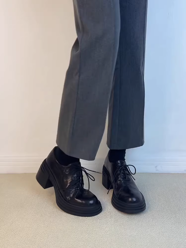 Phiên bản da cừu ~ Giày da cao cấp cắt sâu dành cho nữ, đế dày, giày lười cao gót nhỏ nhắn, giày đơn buộc dây phong cách Anh.