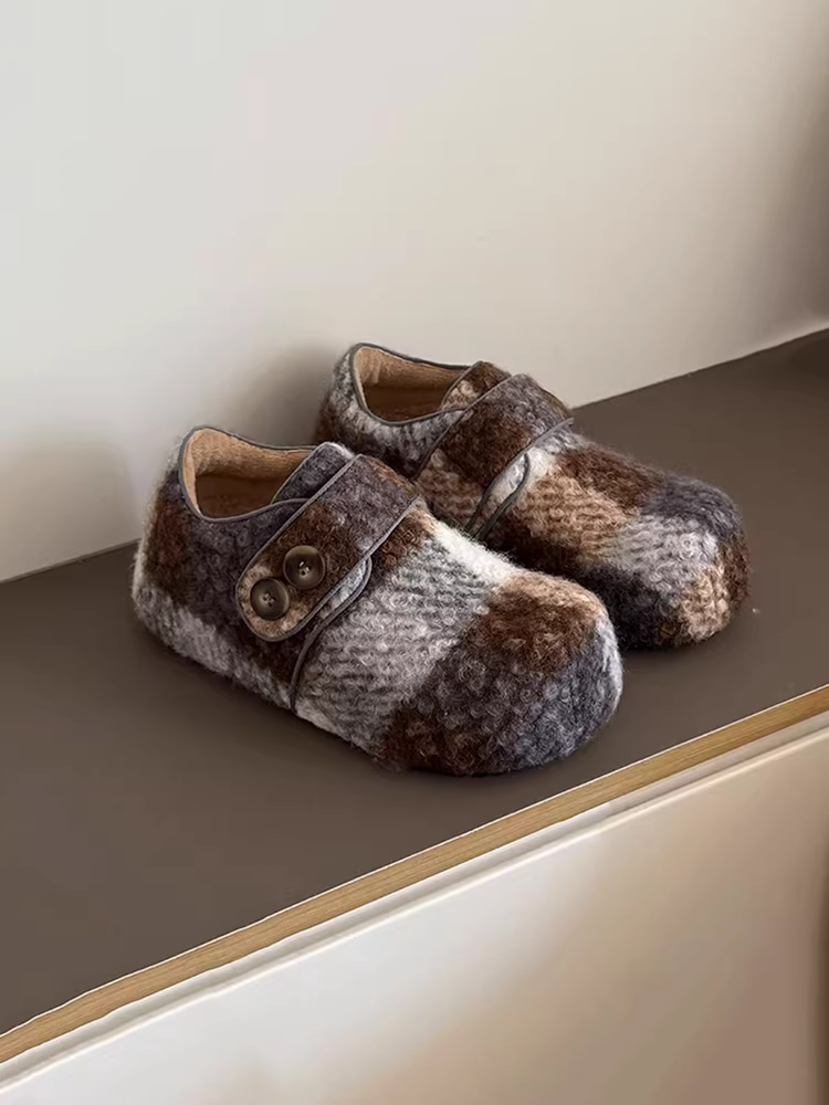 Phiên bản da bò ~ giày Birkenstock tăng chiều cao thời trang dành cho phụ nữ nhỏ nhắn, giày đơn đế tròn bằng len độc đáo có khóa dán