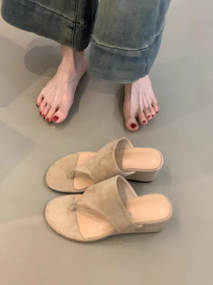 Phiên bản da cừu ~ dép xỏ ngón da lộn phong cách cổ điển dành cho nữ, gót nhọn, mũi tròn, hở mũi, dép cao gót đa năng để đi ngoài trời