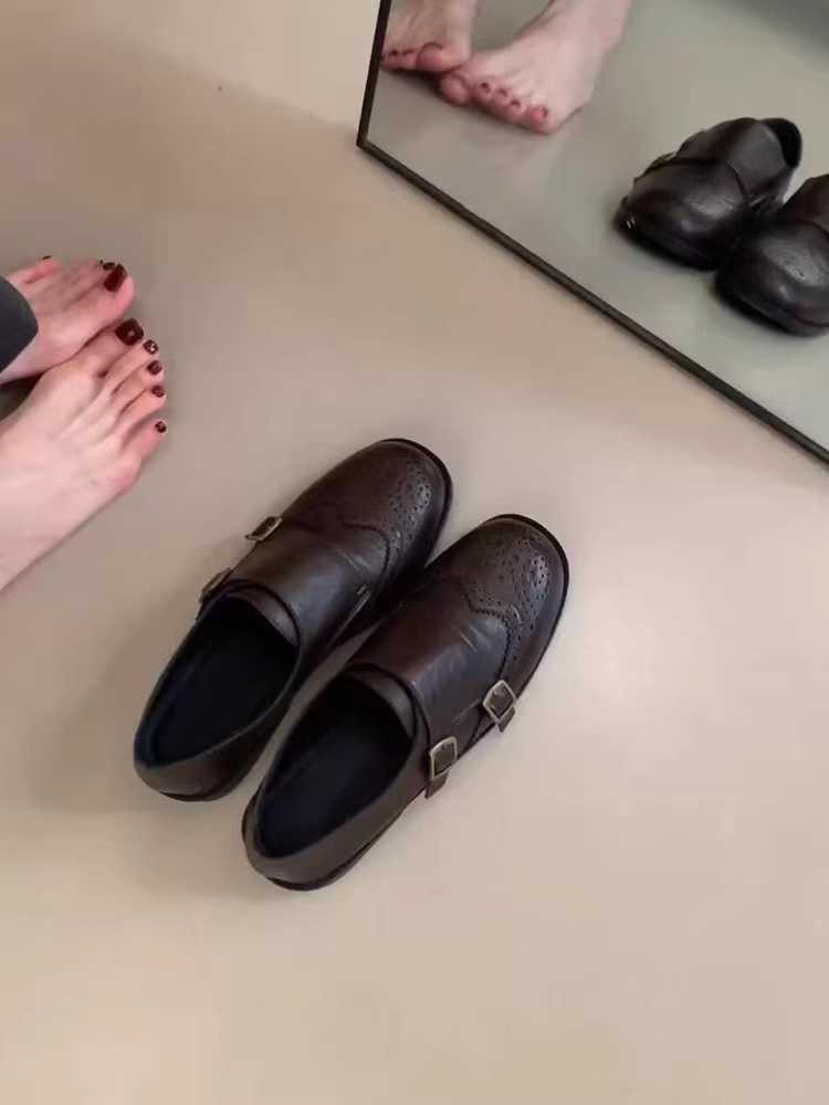 Phiên bản da cừu ~ Giày lười đế thấp bằng da thật phong cách Anh dành cho nữ, giày da nhỏ kiểu cổ điển có khóa trượt kiểu brogue