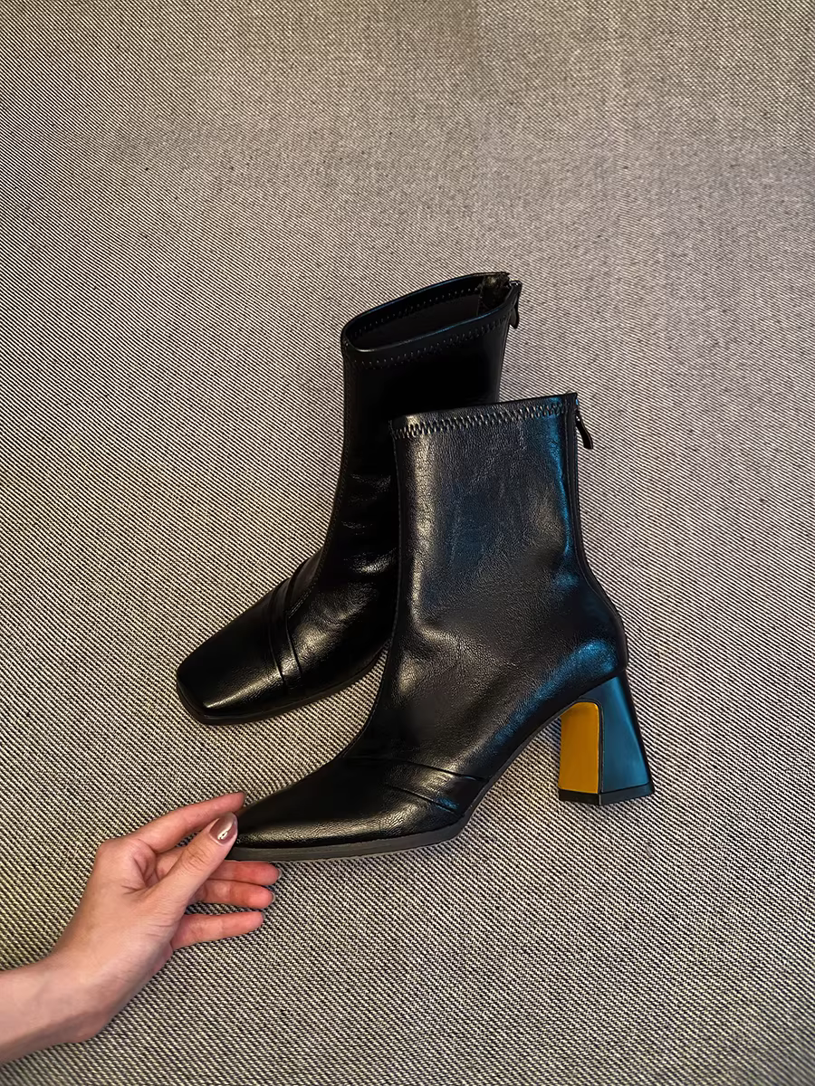 Phiên bản da bò ~ Giày bốt cao gót mũi vuông đa năng tăng chiều cao dành cho nữ, giày bốt ngắn co giãn có khóa kéo phía sau kiểu Anh bằng da thật