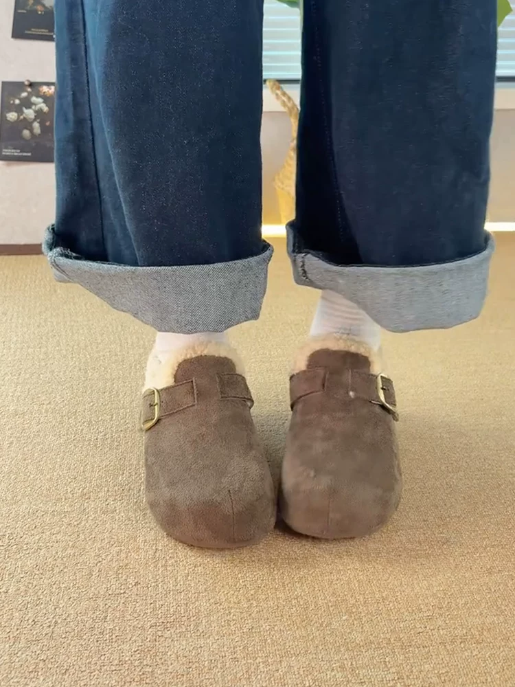 Phiên bản da cừu ~ Giày Birkenstock da lộn cổ điển dễ thương và độc đáo dành cho nữ với thiết kế tăng chiều cao ẩn, khóa thắt lưng, đế dày lót lông, giày cotton lót lông.