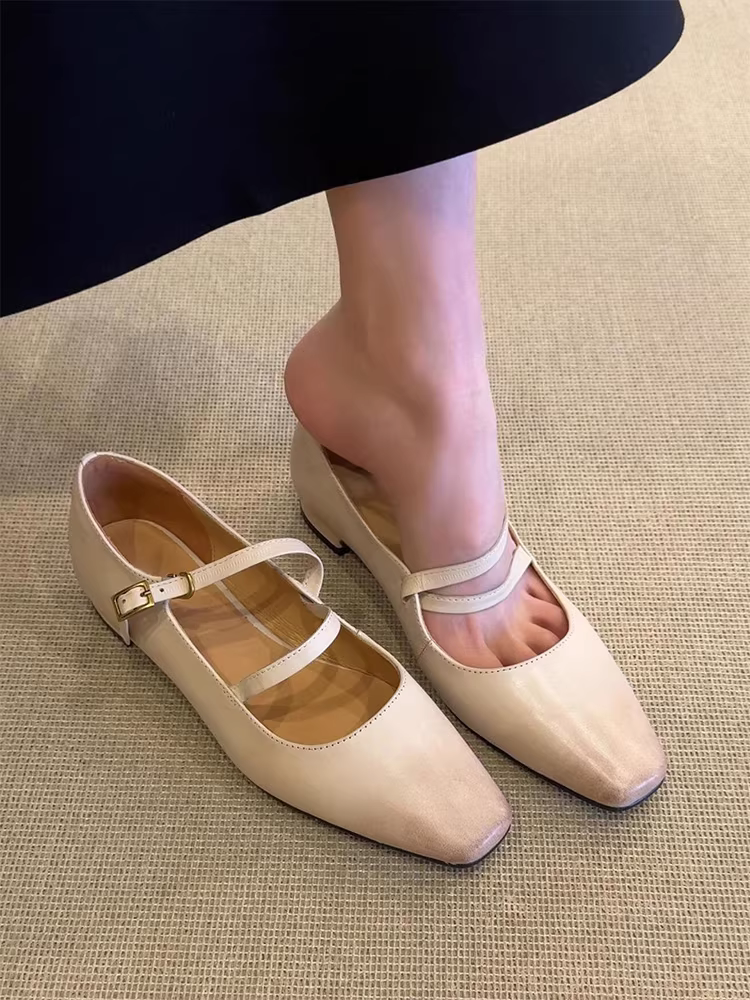 Phiên bản da cừu ~ Giày Mary Jane quấn quanh phong cách nghệ thuật cổ điển dành cho nữ, mũi vuông, miệng nông, da thật, giày đế bằng thoải mái