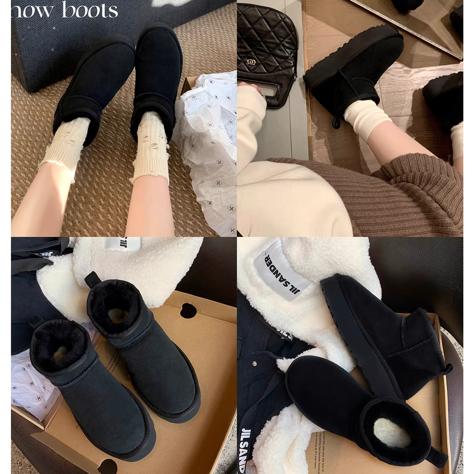 Giày bốt đi tuyết, giày bốt cotton dày dặn lót lông cừu mùa đông dành cho nữ, giày bốt ngắn bằng da thật thời trang có khóa dán, đế dày.