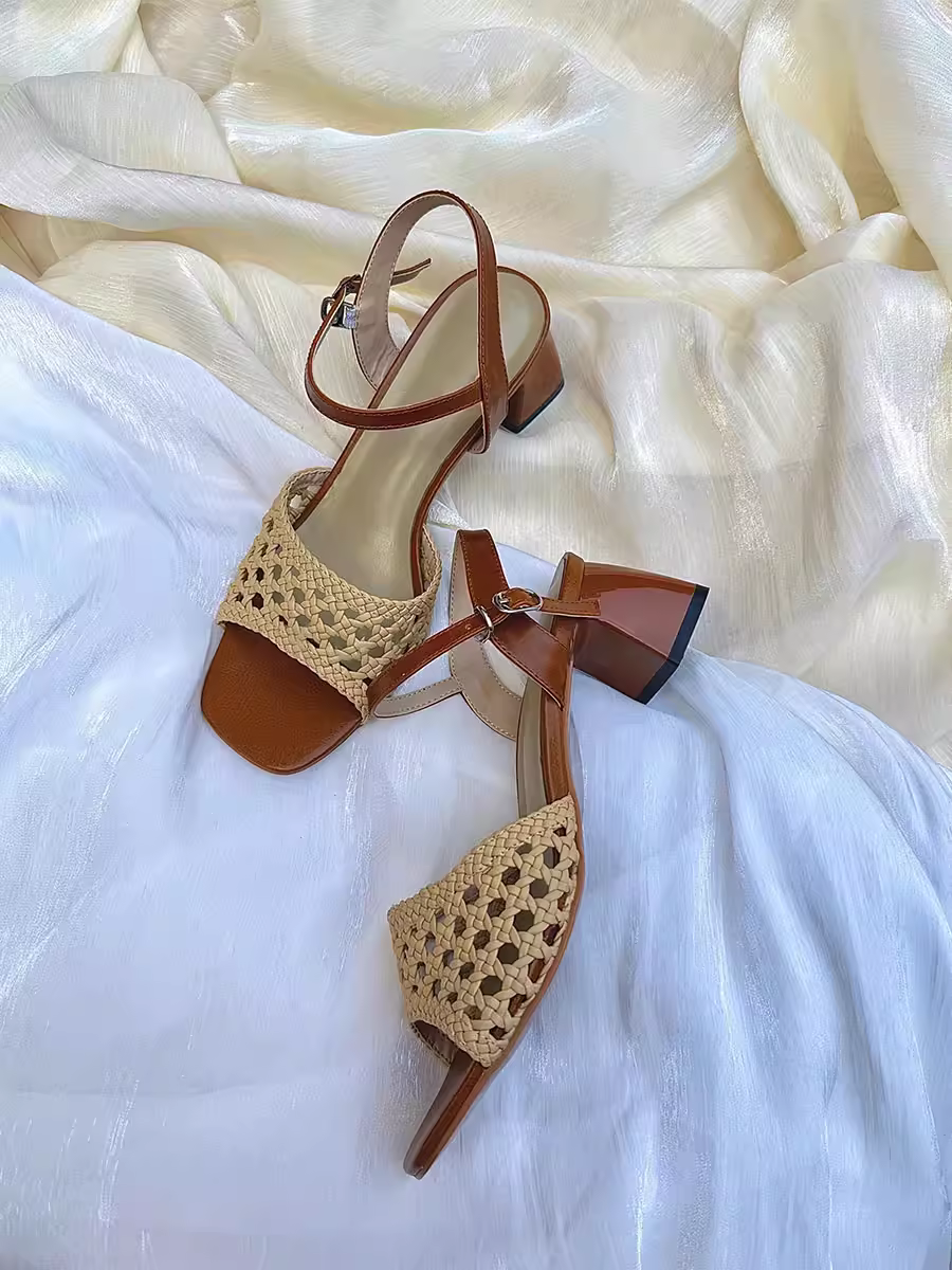 Phiên bản da cừu ~ Dép đế bằng dệt rỗng kiểu cổ điển nghệ thuật dành cho nữ, mặc ngoài trời mùa hè, gót dày, gót cao, dép kiểu La Mã