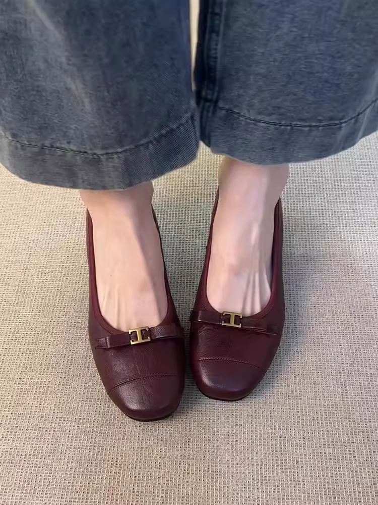 Phiên bản da cừu ~ Giày đế bằng có nơ cổ điển dành cho nữ, giày đế bệt kiểu Pháp thanh lịch kiểu Pháp, giày Mary Jane da thật kiểu Pháp