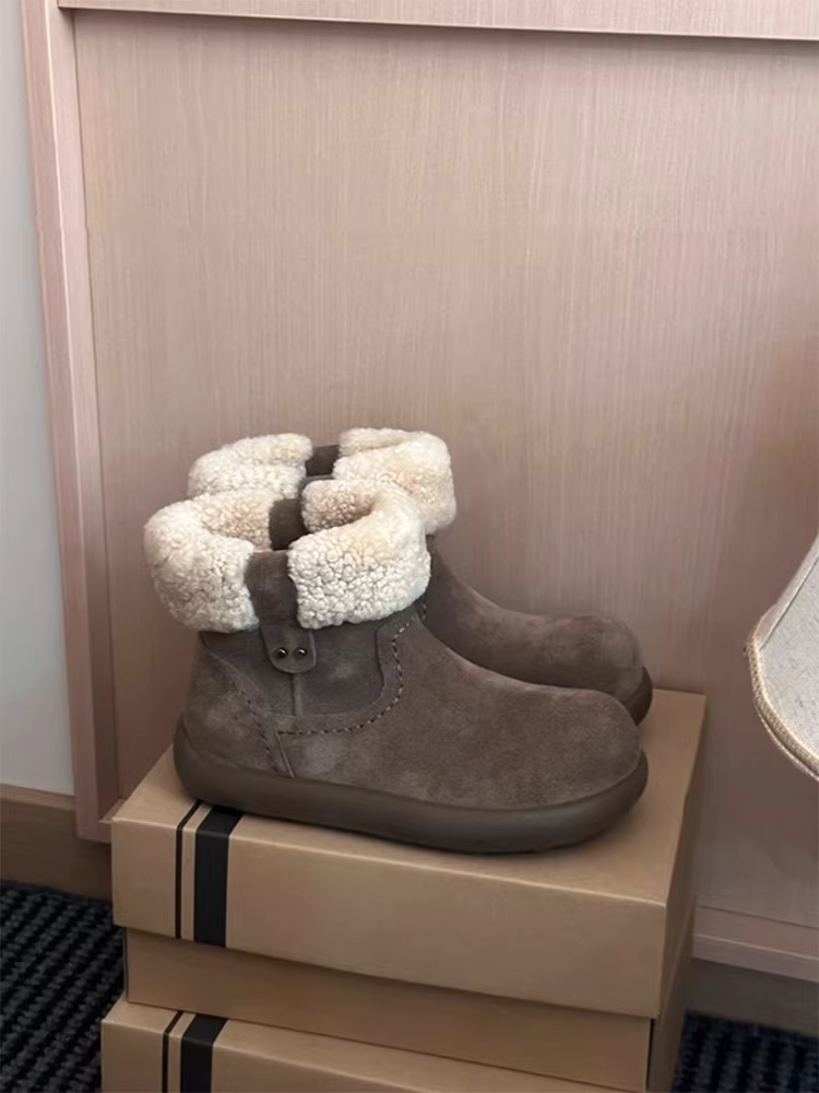 Phiên bản da bò ~ Giày bốt đi tuyết da thật đế dày đa năng mùa thu đông dành cho nữ, giày bốt Birkenstock lót lông da lộn dễ thương