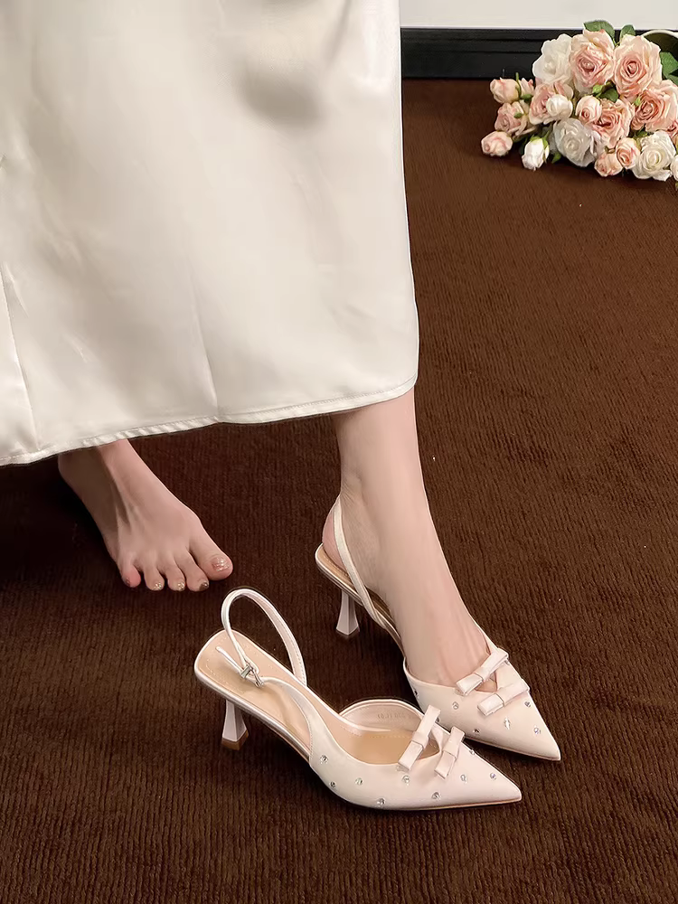 Phiên bản da cừu ~ Giày cao gót đính đá hình nơ màu hồng thanh lịch kiểu Pháp dành cho nữ, dép cao gót mũi kín mùa hè