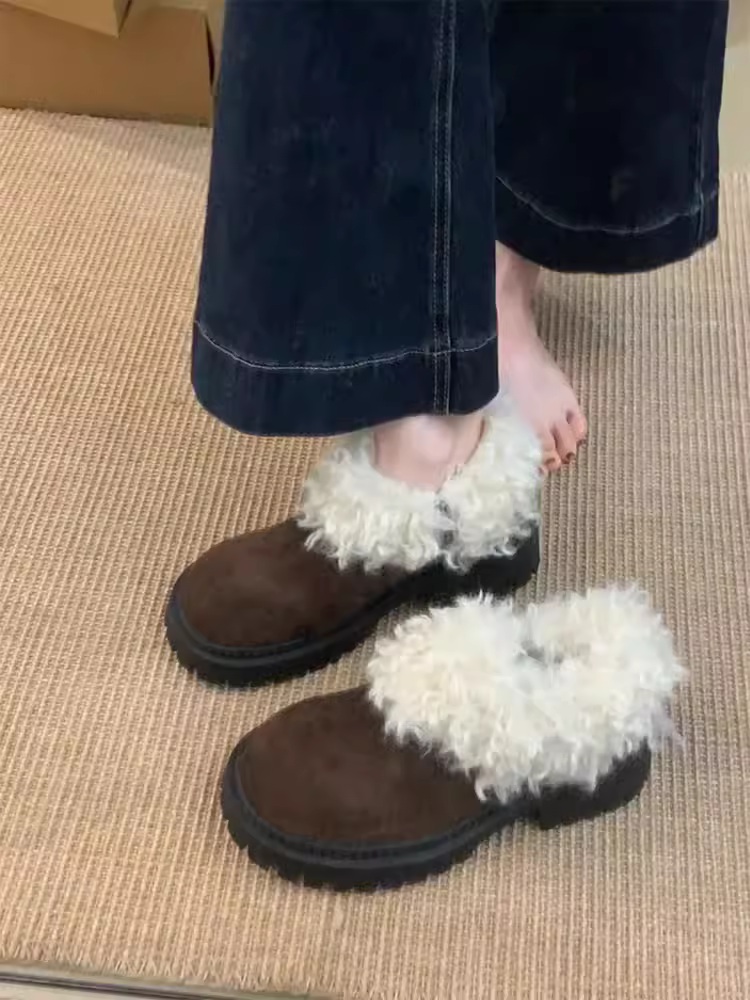 Phiên bản da cừu ~ Giày đế dày miệng sâu dành cho nữ, giày lông nhung có khóa kéo bên hông kiểu cổ điển, giày cotton kiểu lười.