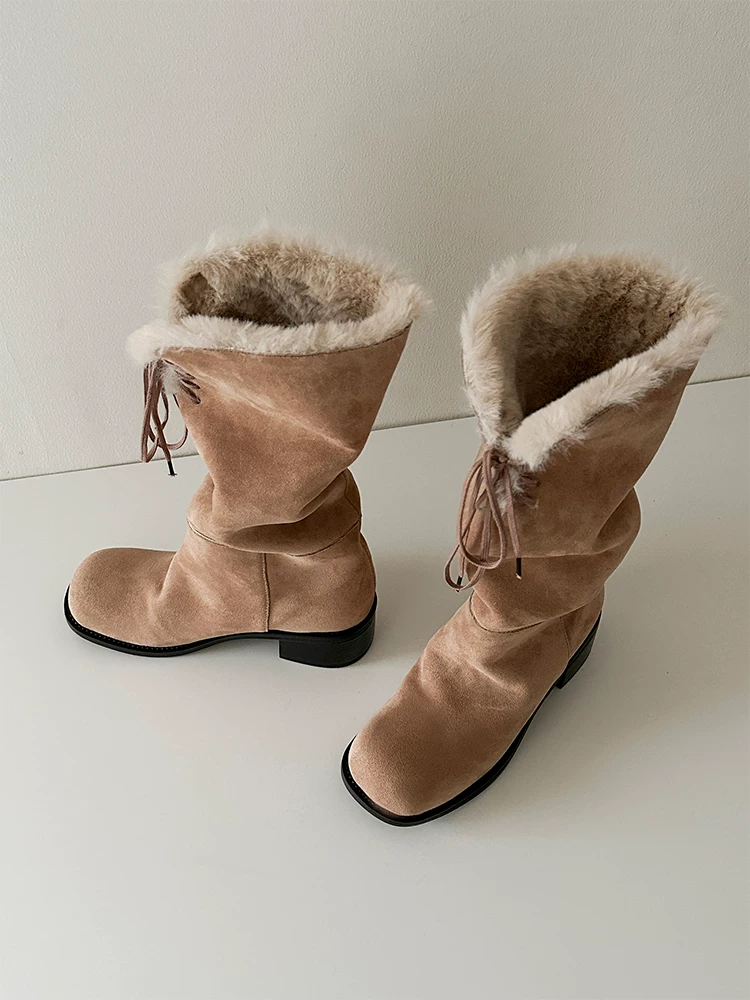 Phiên bản da bò ~ Giày bốt thời trang dài có thể gập lại, có thể mang được hai kiểu, cao cấp dành cho nữ, giày bốt giữ ấm đi tuyết, giày bốt lông thú độc đáo