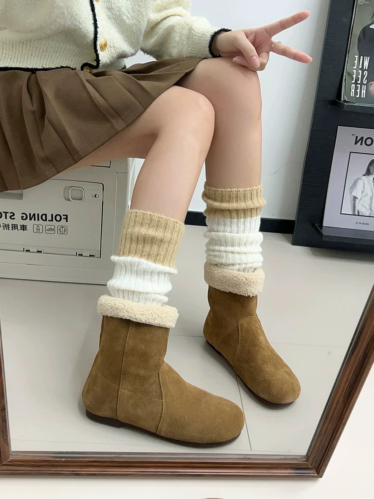 Phiên bản da bò ~ Giày bốt cotton lông kiểu Birkenstock lót lông cừu ấm áp dành cho nữ, giày bốt đi tuyết đế bằng da lộn đa năng kiểu cổ điển