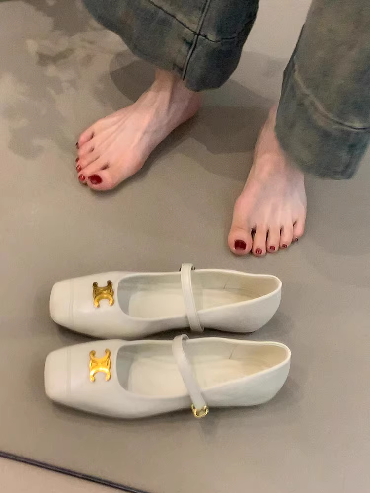 Phiên bản da cừu ~ phong cách buổi tối cổ điển giày đế bằng da thật mũi vuông quai đơn đa năng kiểu Mary Jane