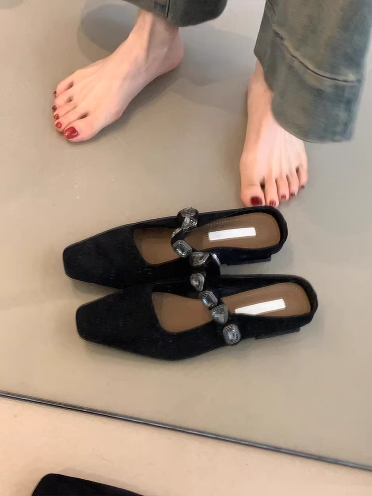 Phiên bản da cừu ~ Dép nửa đế bằng mũi vuông dành cho nữ có quai đính kim cương, giày mũi kín bằng da thật, giày mules thanh lịch và sành điệu dành cho nữ.