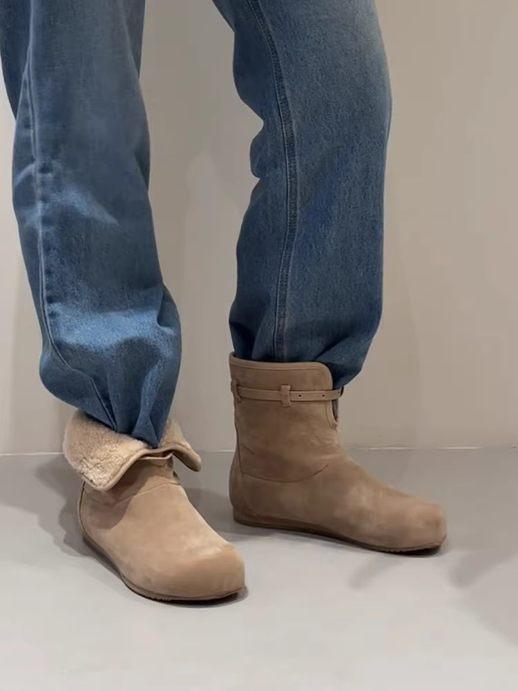 Phiên bản da bò~ Giày bốt Birkenstock hai chiều thời trang và đa năng dành cho nữ, khóa thắt lưng da lộn cổ điển, giày bốt ngắn mũi tròn tăng chiều cao