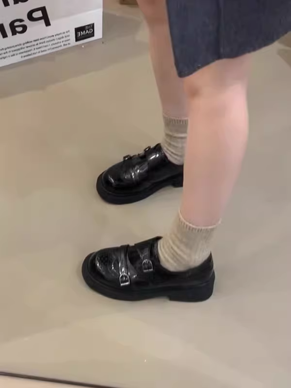 Phiên bản da cừu~ Giày lười kiểu Anh dành cho nữ, kiểu lười có khóa thắt lưng, đế dày, phong cách preppy, giày da nhỏ kiểu cổ điển
