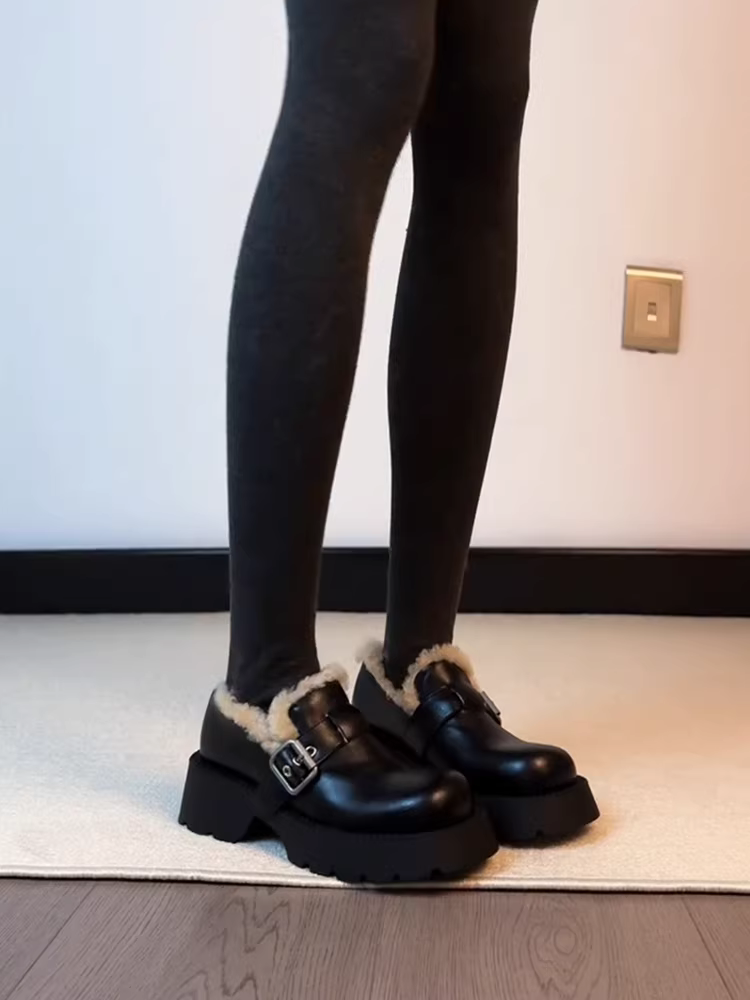 Phiên bản da cừu ~ Giày lười da thật đế dày dành cho nữ, giày da nhỏ có khóa đa năng kiểu cổ điển, có lót lông nhung, kiểu dáng cổ điển, đa năng