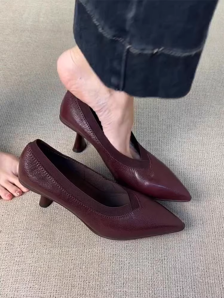 Phiên bản da cừu ~ Giày da thật kiểu Pháp cổ điển kiểu V-cut dành cho nữ, mũi nhọn, giày cao gót đa năng, thanh lịch, kiểu dáng chuyên nghiệp