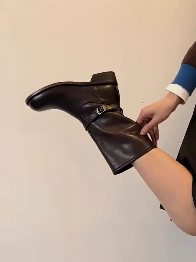 Phiên bản da bò ~ Giày bốt cổ ngắn đa năng bằng da thật cao cấp kiểu cổ điển dành cho nữ có khóa thắt lưng, gót thấp, giày bốt mũi tròn thon gọn