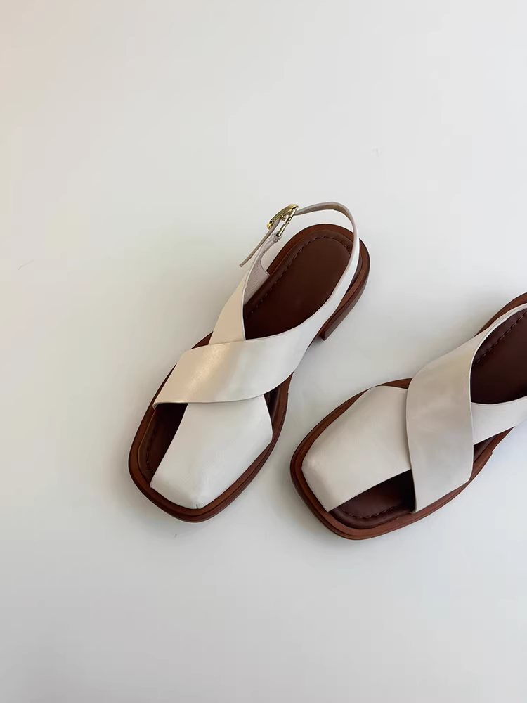 Phiên bản da cừu ~ Dép mũi vuông bằng da mềm thoải mái dành cho nữ, giày da thật đế thấp đa năng đi làm kiểu cổ điển kiểu La Mã để mặc vào mùa hè.