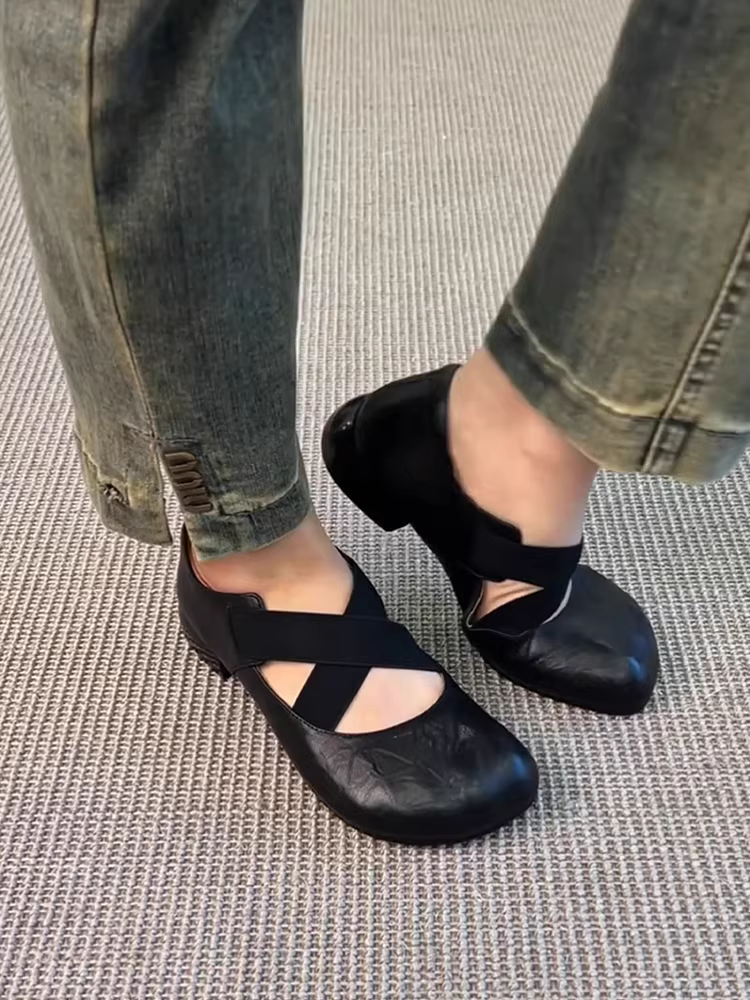 Phiên bản da cừu ~ giày ba lê quai ngang mũi tròn, da thật, giày đế bằng cổ điển nghệ thuật, giày Mary Jane nữ