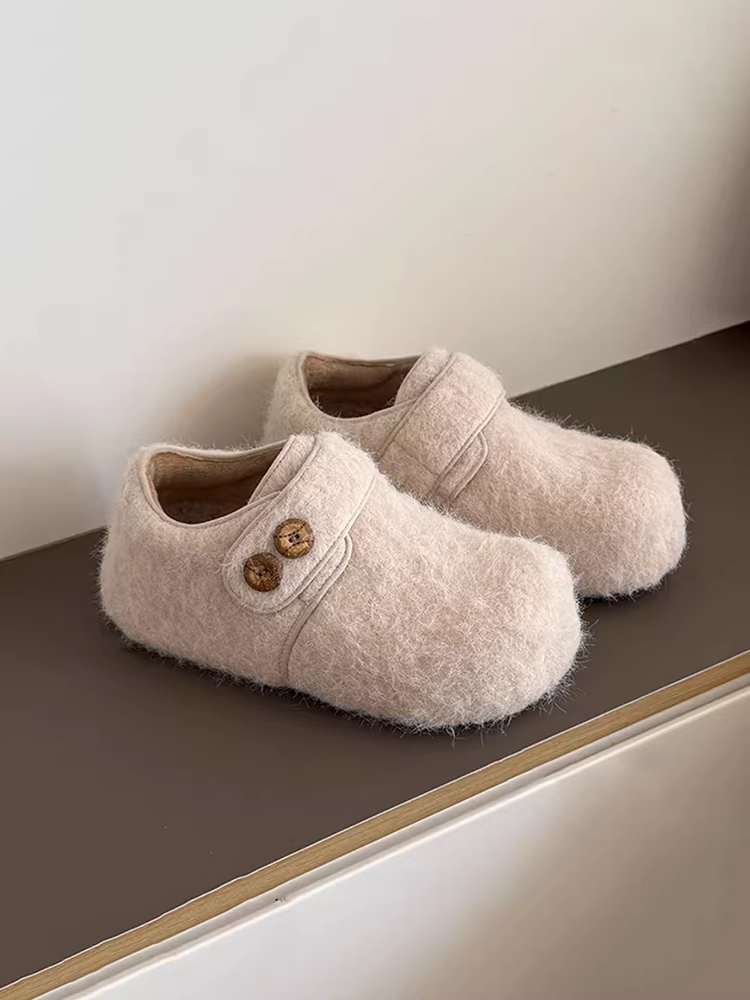 Phiên bản da bò ~ giày Birkenstock tăng chiều cao thời trang dành cho phụ nữ nhỏ nhắn, giày đơn đế tròn bằng len độc đáo có khóa dán