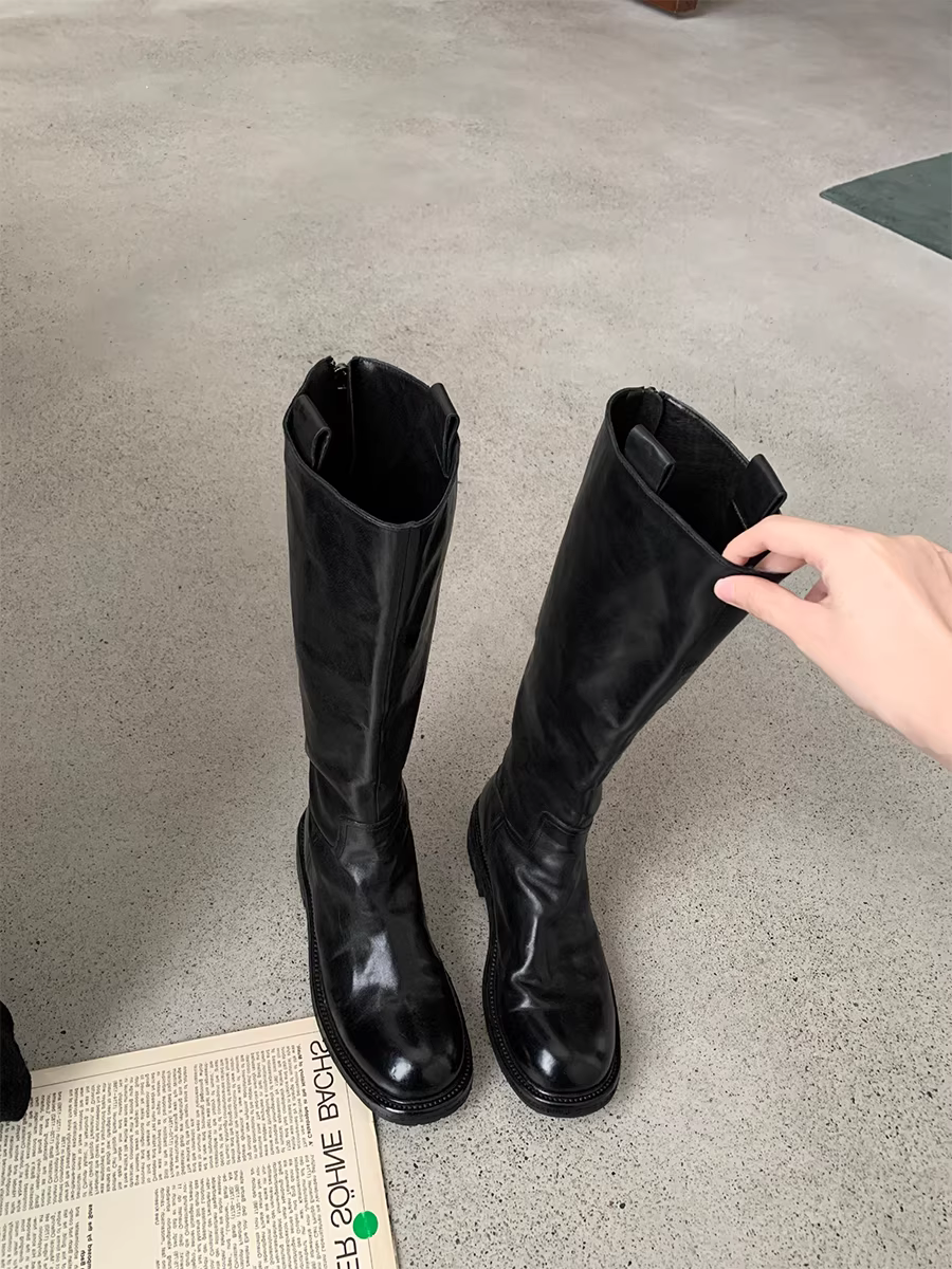 Phiên bản da bò ~ Giày bốt cưỡi ngựa có khóa kéo phía sau bằng da thật kiểu cổ điển dành cho nữ, bốt cao xếp ly có gót dày, bốt dài qua đầu gối