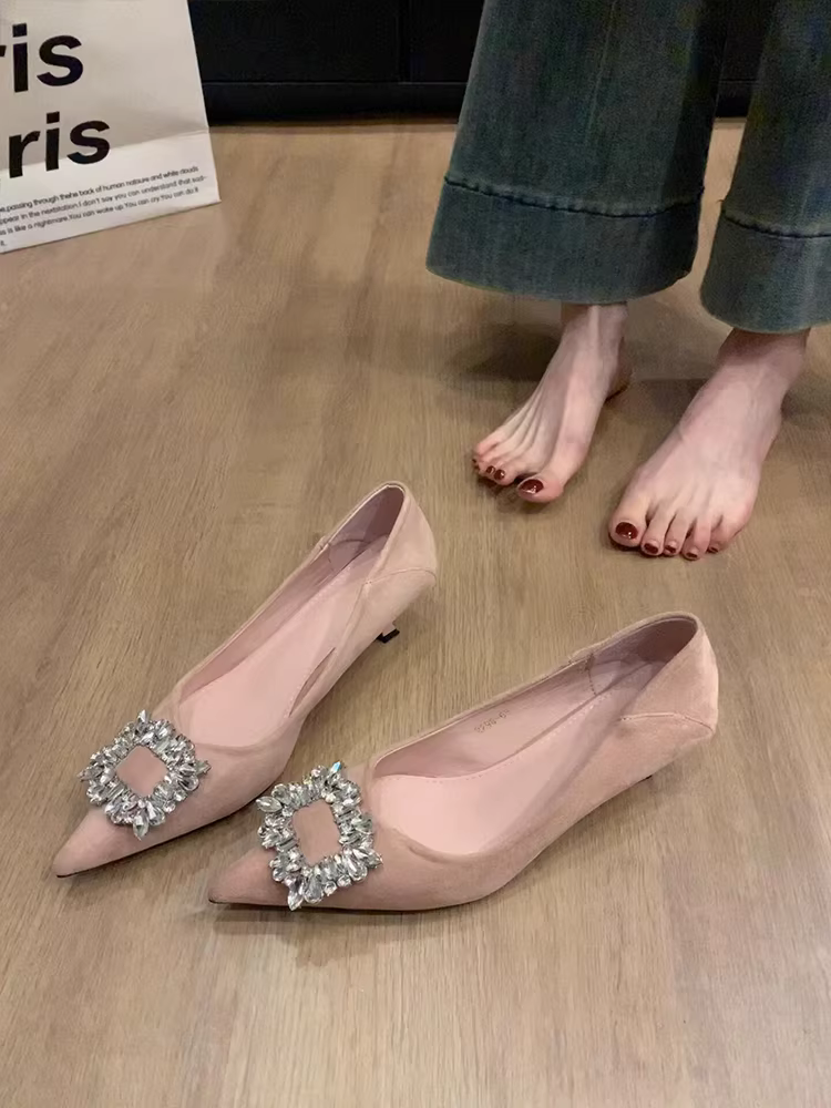 Phiên bản da cừu ~ Giày cao gót nông kiểu Pháp dành cho nữ, kiểu lười có khóa vuông đính kim cương giả, giày đi làm, giày đơn mũi nhọn thanh lịch.