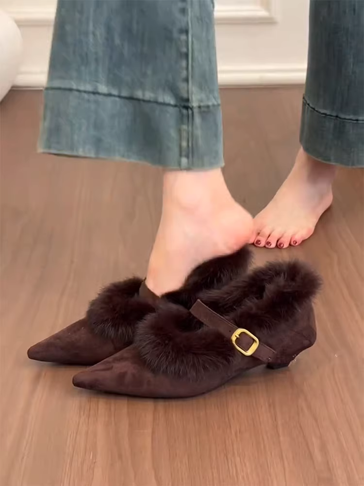 Phiên bản da cừu ~ Giày đế bệt kiểu dáng cổ điển Melard dành cho nữ với mũi nhọn và giày Mary Jane lông mềm