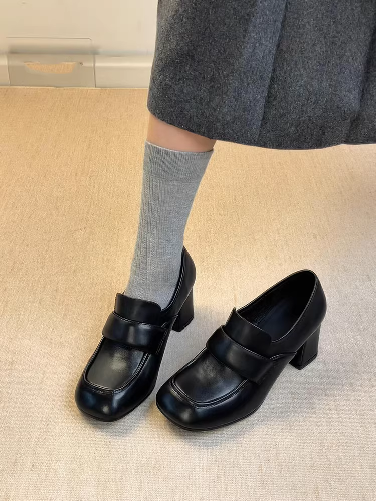 Phiên bản da cừu ~ Giày lười da thật màu đen đa năng kiểu cổ điển dành cho nữ, giày da đế vuông mũi vuông, giày da đế dày, giày đơn giản