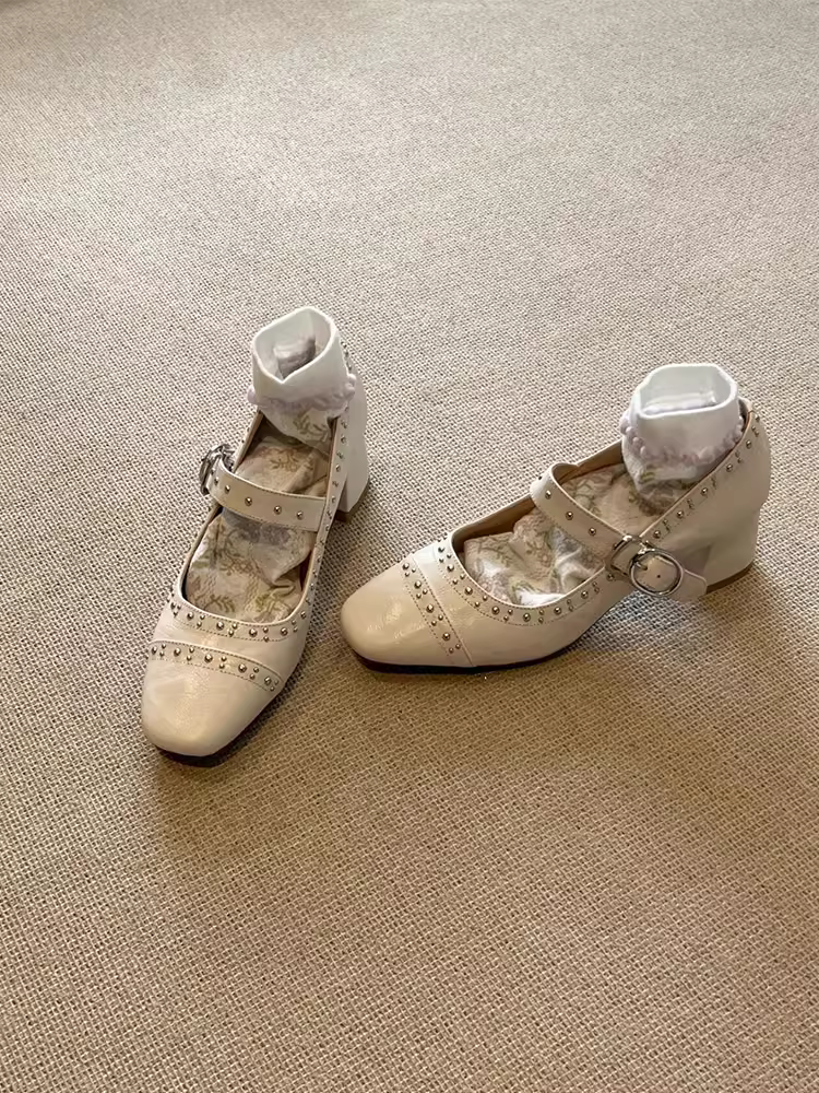 Phiên bản da cừu ~ Giày đế thấp có dây đeo đơn đa năng kiểu Pháp dành cho nữ, giày Mary Jane cổ điển có gót dày bằng da thật