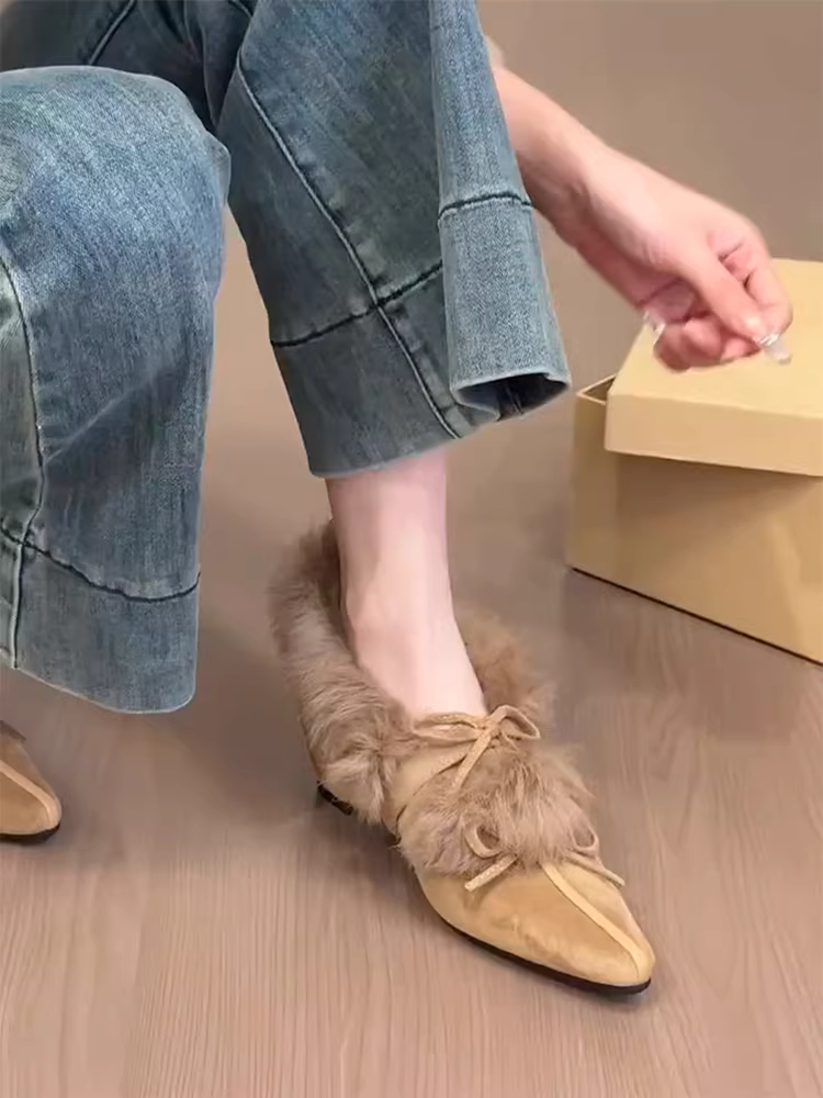 Phiên bản da cừu ~ Giày lông kiểu múa ba lê dành cho nữ, mũi nhọn, gót ẩn, kiểu lười, lót lông cừu, giày Mary Jane có nơ